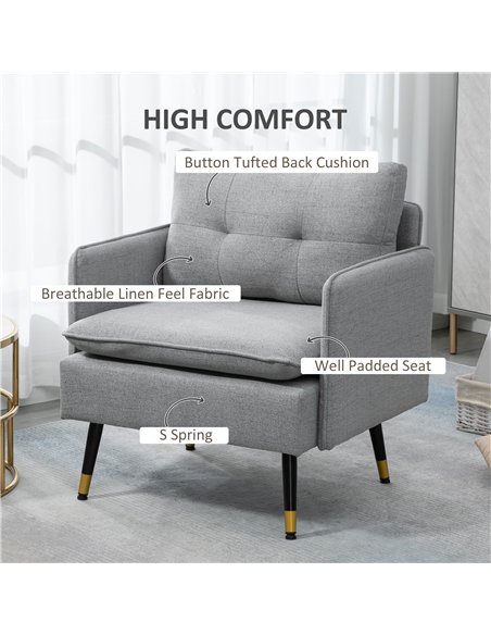 HOMCOM Modern Accent Chair, Upholstered Button Tufted Occasional Chair for Living Room and Bedroom, Grey
