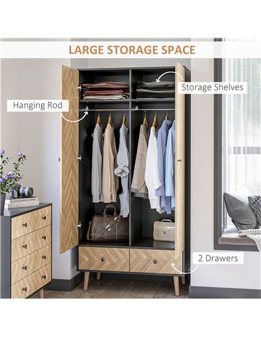 HOMCOM Modern Wardrobe Cabinet Wood Grain Sticker Surface with Shelf, Hanging Rod and 2 Drawers 90x50x190cm