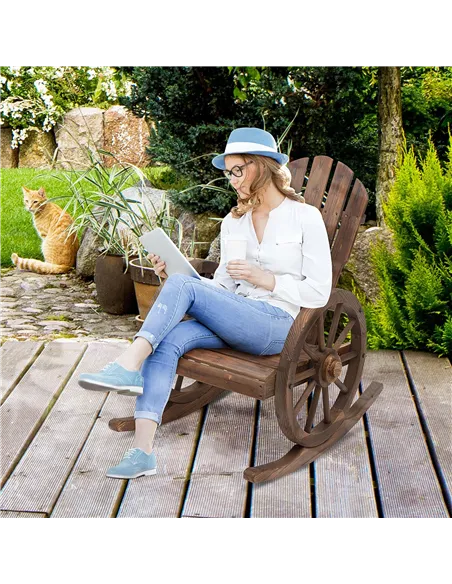 Outsunny Wooden Adirondack  Rocking Chair Reclining Armchair Outdoor Garden Furniture Patio Porch Rocker - Carbonized Wood Colou