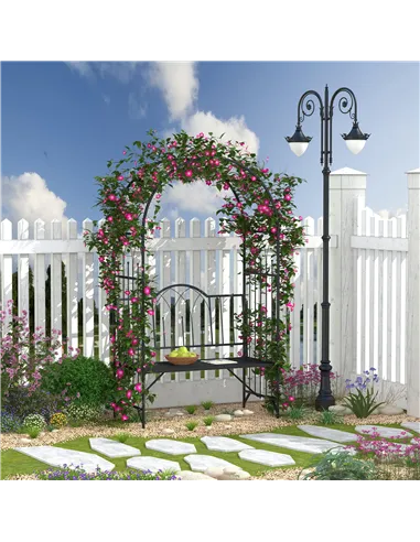 Outsunny Garden Metal Arch Bench Outdoor Patio Rose Trellis Arbour Pergola for Climbing Plant Antique Style 2-Seater Chair, Blac