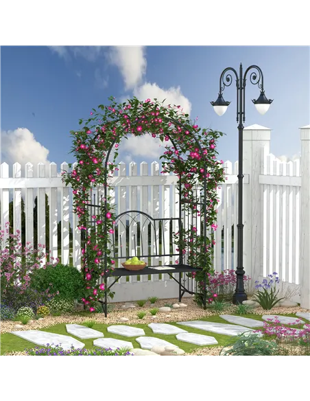Outsunny Garden Metal Arch Bench Outdoor Patio Rose Trellis Arbour Pergola for Climbing Plant Antique Style 2-Seater Chair, Blac