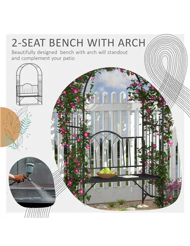 Outsunny Garden Metal Arch Bench Outdoor Patio Rose Trellis Arbour Pergola for Climbing Plant Antique Style 2-Seater Chair, Blac