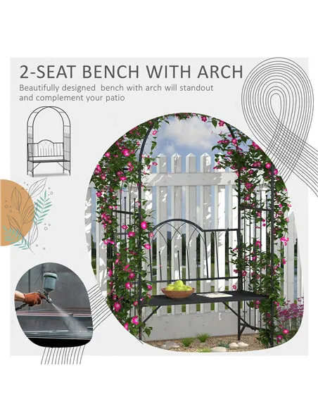 Outsunny Garden Metal Arch Bench Outdoor Patio Rose Trellis Arbour Pergola for Climbing Plant Antique Style 2-Seater Chair, Blac