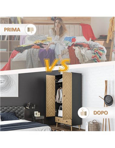 HOMCOM Modern Wardrobe Cabinet Wood Grain Sticker Surface with Shelf, Hanging Rod and 2 Drawers 90x50x190cm