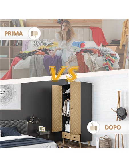HOMCOM Modern Wardrobe Cabinet Wood Grain Sticker Surface with Shelf, Hanging Rod and 2 Drawers 90x50x190cm