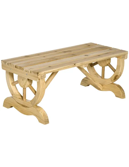 Outsunny 2-Person Garden Bench Rustic Wooden Outdoor Bench with Wheel-Shaped Legs Slatted Seat for Patio Natural Wood Effect