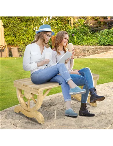 Outsunny 2-Person Garden Bench Rustic Wooden Outdoor Bench with Wheel-Shaped Legs Slatted Seat for Patio Natural Wood Effect
