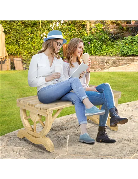 Outsunny 2-Person Garden Bench Rustic Wooden Outdoor Bench with Wheel-Shaped Legs Slatted Seat for Patio Natural Wood Effect