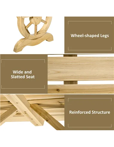 Outsunny 2-Person Garden Bench Rustic Wooden Outdoor Bench with Wheel-Shaped Legs Slatted Seat for Patio Natural Wood Effect