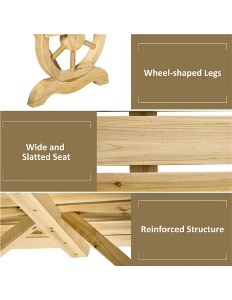 Outsunny 2-Person Garden Bench Rustic Wooden Outdoor Bench with Wheel-Shaped Legs Slatted Seat for Patio Natural Wood Effect