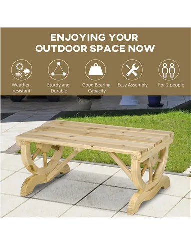 Outsunny 2-Person Garden Bench Rustic Wooden Outdoor Bench with Wheel-Shaped Legs Slatted Seat for Patio Natural Wood Effect