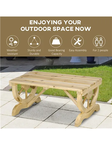 Outsunny 2-Person Garden Bench Rustic Wooden Outdoor Bench with Wheel-Shaped Legs Slatted Seat for Patio Natural Wood Effect
