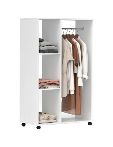HOMCOM Open Wardrobe on Wheels, Bedroom Wardrobe with Clothes Hanging Rail, 3 Storage Shelves, Mobile Garment Rack for Cloakroom