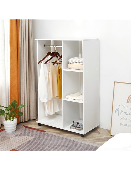 HOMCOM Open Wardrobe on Wheels, Bedroom Wardrobe with Clothes Hanging Rail, 3 Storage Shelves, Mobile Garment Rack for Cloakroom