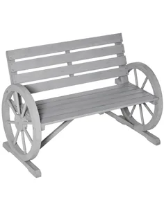 Outsunny Wooden Cart Wagon Wheel 2 Seater Garden Bench Outdoor Garden Armrest Chair Rustic High Back Loveseat Grey