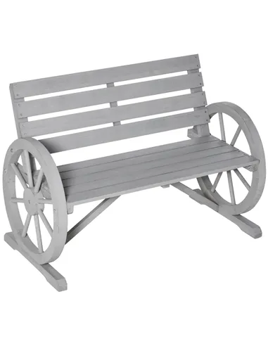 Outsunny Wooden Cart Wagon Wheel 2 Seater Garden Bench Outdoor Garden Armrest Chair Rustic High Back Loveseat Grey