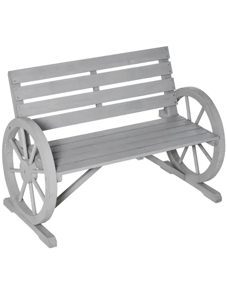 Outsunny Wooden Cart Wagon Wheel 2 Seater Garden Bench Outdoor Garden Armrest Chair Rustic High Back Loveseat Grey