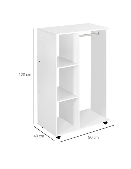 HOMCOM Open Wardrobe on Wheels, Bedroom Wardrobe with Clothes Hanging Rail, 3 Storage Shelves, Mobile Garment Rack for Cloakroom