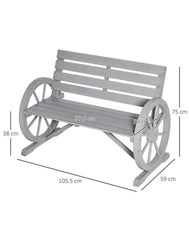Outsunny Wooden Cart Wagon Wheel 2 Seater Garden Bench Outdoor Garden Armrest Chair Rustic High Back Loveseat Grey