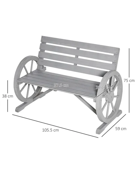 Outsunny Wooden Cart Wagon Wheel 2 Seater Garden Bench Outdoor Garden Armrest Chair Rustic High Back Loveseat Grey