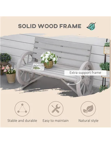 Outsunny Wooden Cart Wagon Wheel 2 Seater Garden Bench Outdoor Garden Armrest Chair Rustic High Back Loveseat Grey