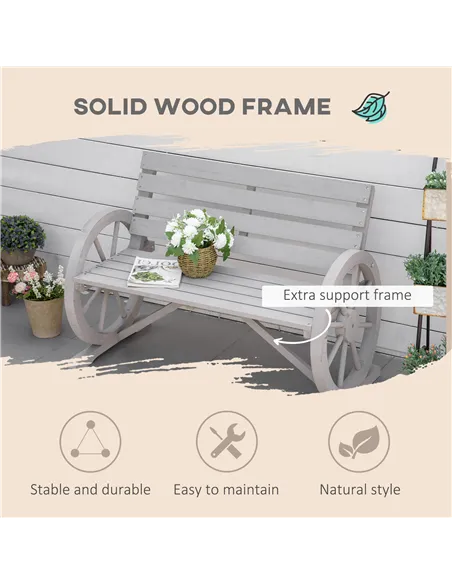 Outsunny Wooden Cart Wagon Wheel 2 Seater Garden Bench Outdoor Garden Armrest Chair Rustic High Back Loveseat Grey