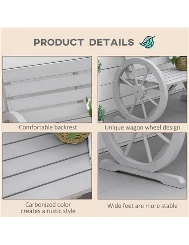 Outsunny Wooden Cart Wagon Wheel 2 Seater Garden Bench Outdoor Garden Armrest Chair Rustic High Back Loveseat Grey
