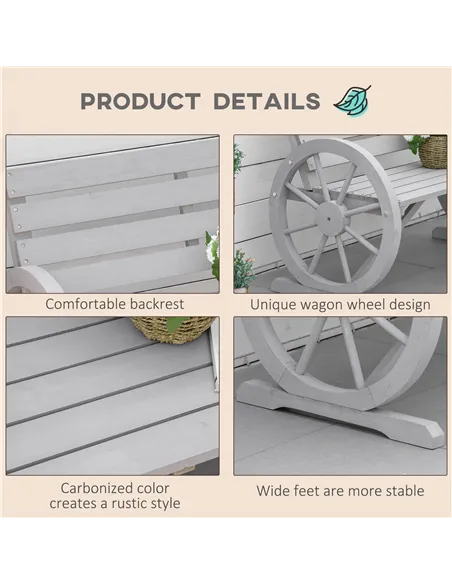 Outsunny Wooden Cart Wagon Wheel 2 Seater Garden Bench Outdoor Garden Armrest Chair Rustic High Back Loveseat Grey