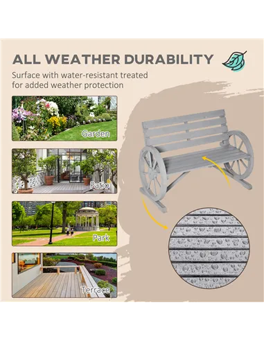 Outsunny Wooden Cart Wagon Wheel 2 Seater Garden Bench Outdoor Garden Armrest Chair Rustic High Back Loveseat Grey