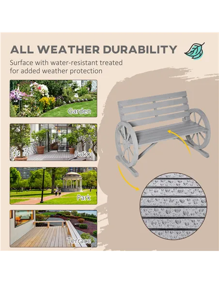 Outsunny Wooden Cart Wagon Wheel 2 Seater Garden Bench Outdoor Garden Armrest Chair Rustic High Back Loveseat Grey