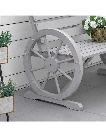 Outsunny Wooden Cart Wagon Wheel 2 Seater Garden Bench Outdoor Garden Armrest Chair Rustic High Back Loveseat Grey