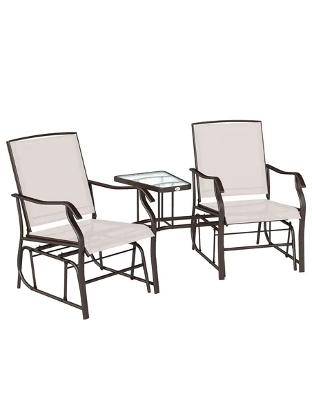 Outsunny Gliding Jack and Jill Seat, with Glass-Top Table - Brown/Beige