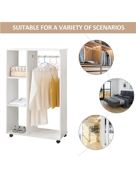 HOMCOM Open Wardrobe on Wheels, Bedroom Wardrobe with Clothes Hanging Rail, 3 Storage Shelves, Mobile Garment Rack for Cloakroom