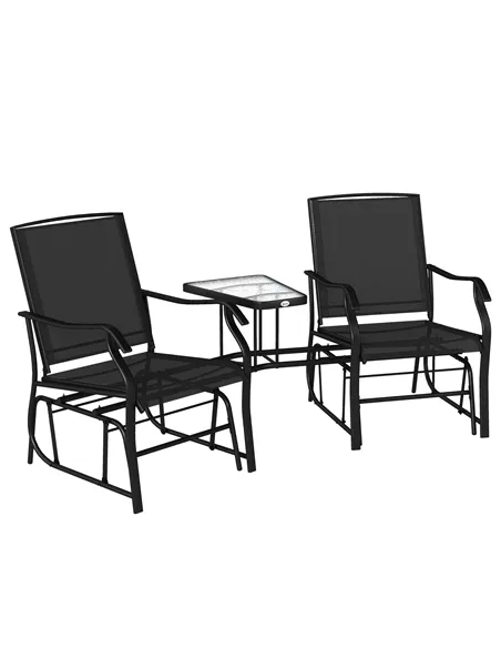 Outsunny Gliding Jack and Jill Seat, with Glass-Top Table - Black