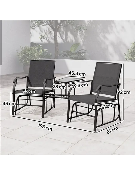 Outsunny Gliding Jack and Jill Seat, with Glass-Top Table - Black