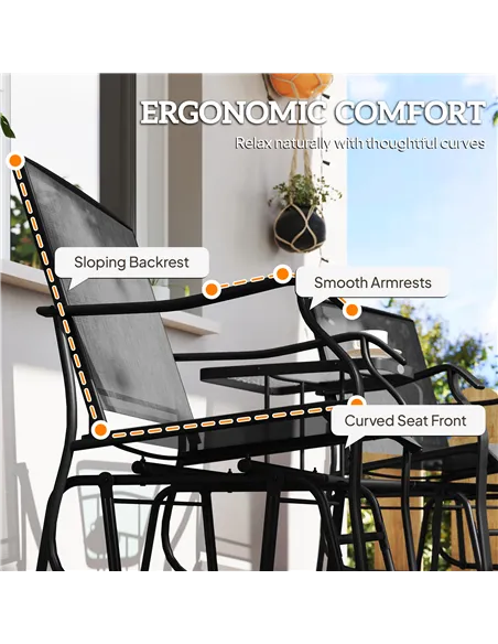 Outsunny Gliding Jack and Jill Seat, with Glass-Top Table - Black
