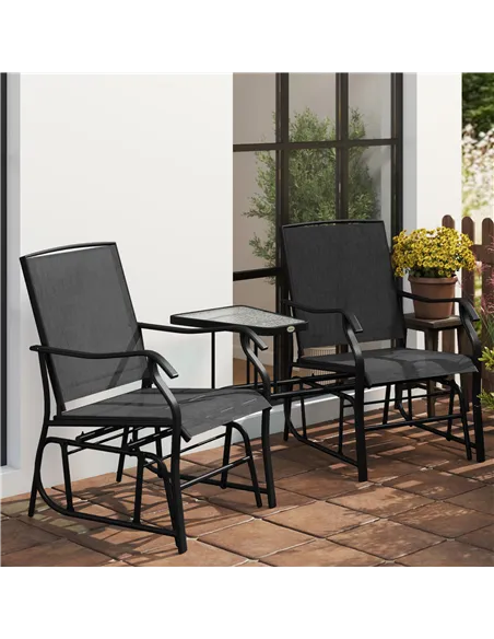 Outsunny Gliding Jack and Jill Seat, with Glass-Top Table - Black