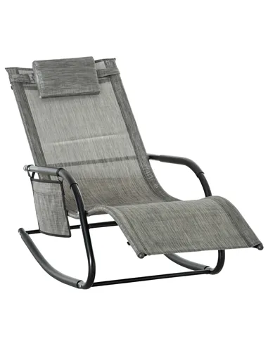 Outsunny Outdoor Garden Rocking Chair, Patio Sun Lounger Rocker Chair with Breathable Mesh Fabric, Removable Headrest Pillow, Ar
