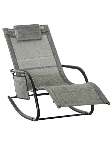 Outsunny Outdoor Garden Rocking Chair, Patio Sun Lounger Rocker Chair with Breathable Mesh Fabric, Removable Headrest Pillow, Ar