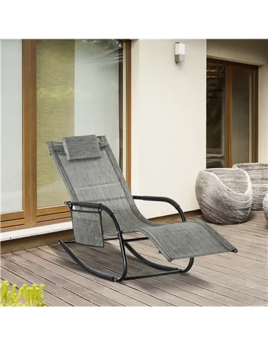 Outsunny Outdoor Garden Rocking Chair, Patio Sun Lounger Rocker Chair with Breathable Mesh Fabric, Removable Headrest Pillow, Ar