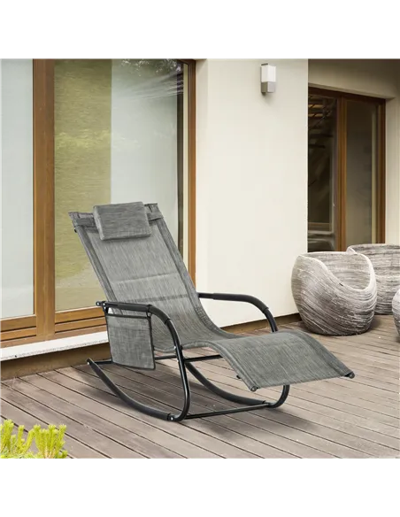 Outsunny Outdoor Garden Rocking Chair, Patio Sun Lounger Rocker Chair with Breathable Mesh Fabric, Removable Headrest Pillow, Ar