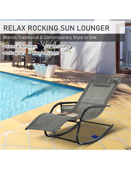 Outsunny Outdoor Garden Rocking Chair, Patio Sun Lounger Rocker Chair with Breathable Mesh Fabric, Removable Headrest Pillow, Ar