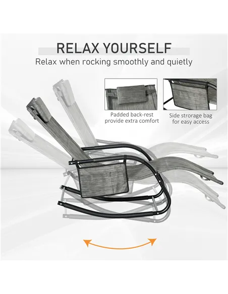 Outsunny Outdoor Garden Rocking Chair, Patio Sun Lounger Rocker Chair with Breathable Mesh Fabric, Removable Headrest Pillow, Ar