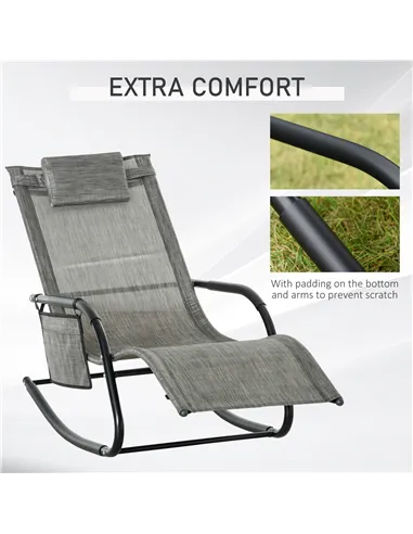 Outsunny Outdoor Garden Rocking Chair, Patio Sun Lounger Rocker Chair with Breathable Mesh Fabric, Removable Headrest Pillow, Ar