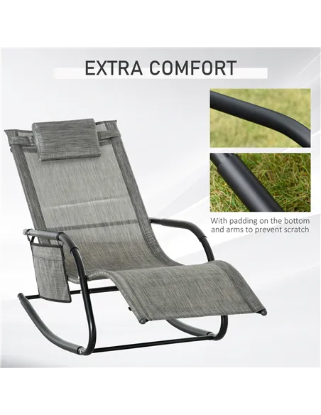 Outsunny Outdoor Garden Rocking Chair, Patio Sun Lounger Rocker Chair with Breathable Mesh Fabric, Removable Headrest Pillow, Ar