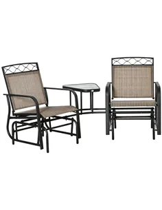 Outsunny Double Outdoor Glider Chair, 2 Seater Patio Rocking Chairs, Swing Bench with Tempered Glass Table, Breathable Mesh Fabr