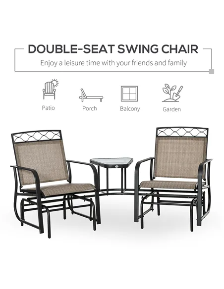 Outsunny Double Outdoor Glider Chair, 2 Seater Patio Rocking Chairs, Swing Bench with Tempered Glass Table, Breathable Mesh Fabr