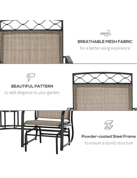 Outsunny Double Outdoor Glider Chair, 2 Seater Patio Rocking Chairs, Swing Bench with Tempered Glass Table, Breathable Mesh Fabr