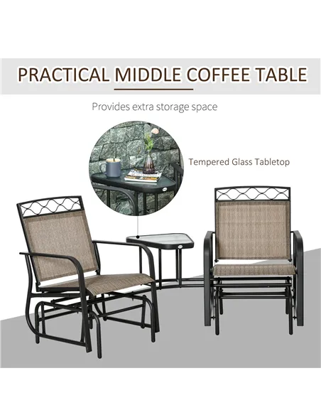 Outsunny Double Outdoor Glider Chair, 2 Seater Patio Rocking Chairs, Swing Bench with Tempered Glass Table, Breathable Mesh Fabr