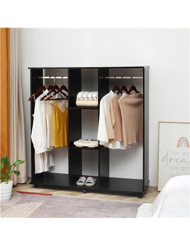 HOMCOM Open Wardrobe Double Mobile Storage Shelves Organizer W/6 Wheels-Black